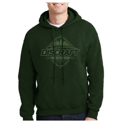 Dark green Discraft hooded sweatshirt with a lighter green Discraft Trees logo on the chest and a front pouch pocket.