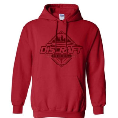 Red Discraft Trees hooded sweatshirt with a black graphic logo featuring pine trees inside a diamond shape.