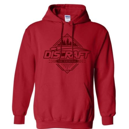 Red Discraft Trees hooded sweatshirt with a black graphic logo featuring pine trees inside a diamond shape.