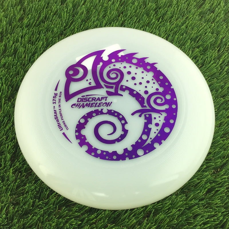 White Discraft Ultra-Star Ultimate Chameleon 175g frisbee with a bold purple chameleon graphic.