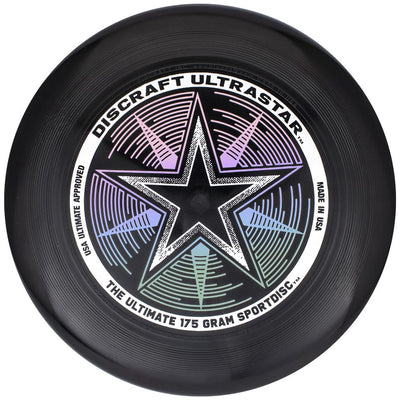 Black Discraft Ultra-Star Ultimate Frisbee with a purple, blue, and green star graphic in the center.