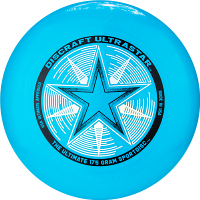 Bright blue Discraft UltraStar Ultimate 175 gram sportdisc with a black and white star design in the center.