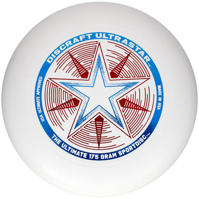 White Discraft Ultrastar frisbee with a blue and red star graphic, surrounded by blue text information.