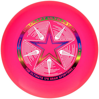 Hot pink Discraft Ultra-Star Ultimate disc with a central white star over a rainbow foil ring.