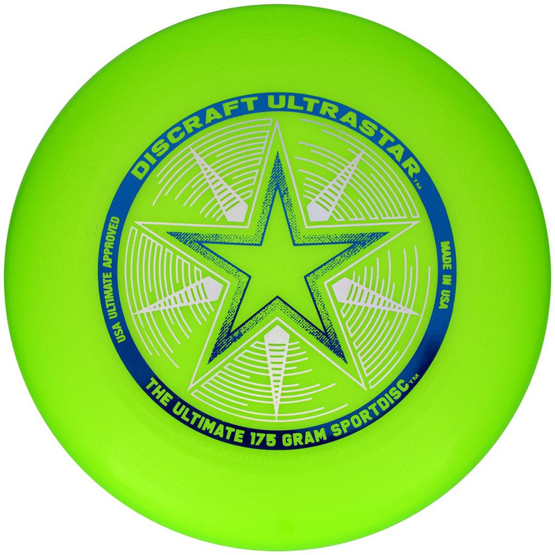 Lime green Discraft UltraStar Ultimate 175 gram SportDisc with a blue and white star logo.