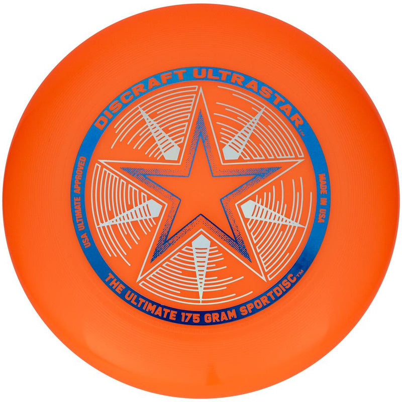 Bright orange Discraft UltraStar Ultimate 175 gram sportdisc with a blue and white star graphic and text.