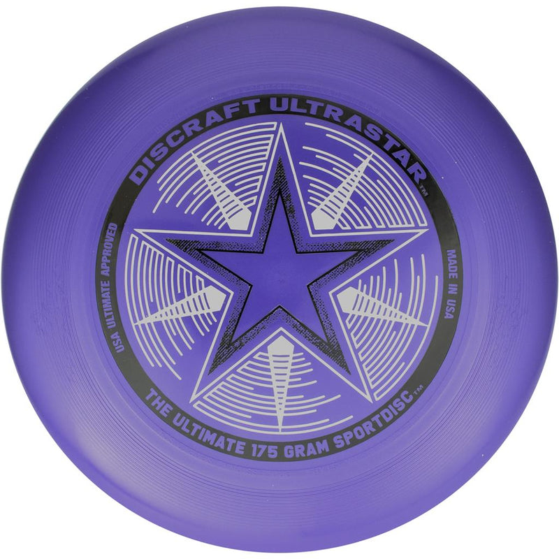 Purple Discraft Ultrastar frisbee with a black star in the center and white text surrounding it.