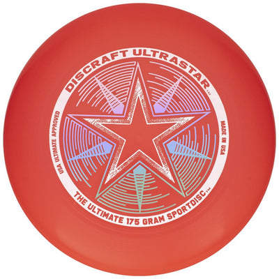 Red Discraft Ultrastar 175 gram Sportdisc with a central star graphic and purple, green, and blue accents.