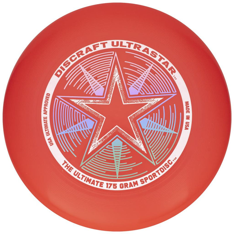 Red Discraft Ultrastar 175 gram Sportdisc with a central star graphic and purple, green, and blue accents.