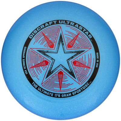 Blue glittery Discraft Ultra-Star Ultimate disc with a black and red star logo and text.