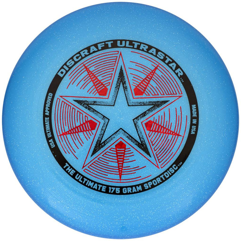 Blue glittery Discraft Ultra-Star Ultimate disc with a black and red star logo and text.