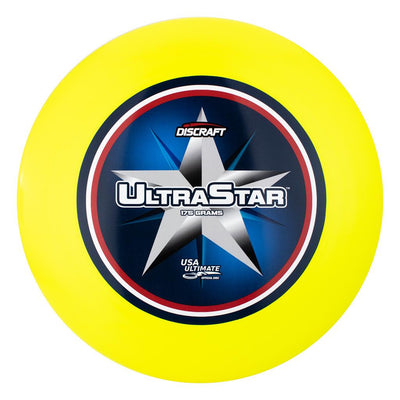 Vibrant yellow Discraft UltraStar 175 gram Ultimate frisbee with a blue, red, and white USA Ultimate center print.