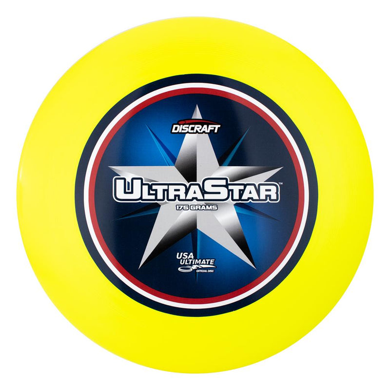 Vibrant yellow Discraft UltraStar 175 gram Ultimate frisbee with a blue, red, and white USA Ultimate center print.