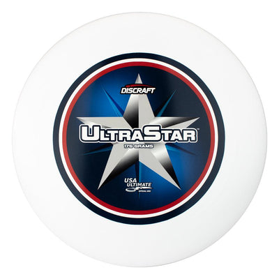 White Discraft UltraStar ultimate frisbee with a blue and red USA Ultimate star stamp, explicitly noting 175 grams.
