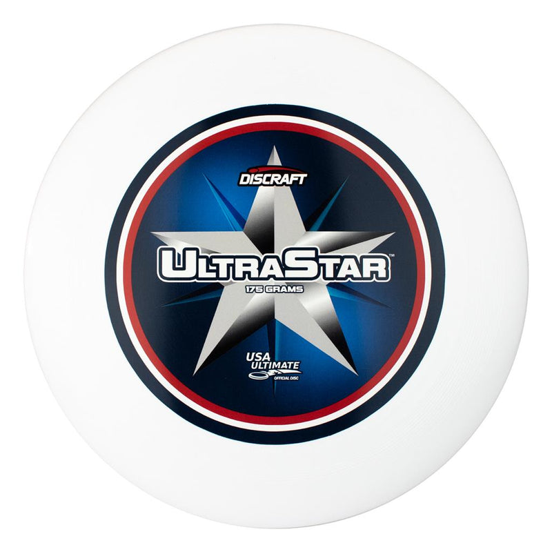 White Discraft UltraStar ultimate frisbee with a blue and red USA Ultimate star stamp, explicitly noting 175 grams.