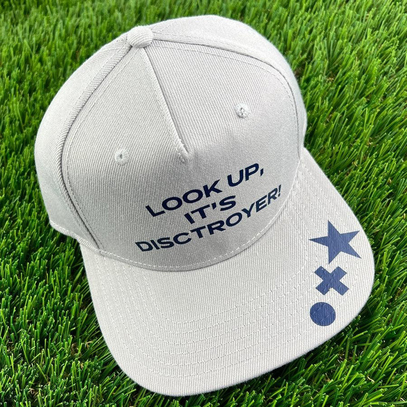 Gray Disctroyer flat-bill snapback hat with blue "LOOK UP, IT&