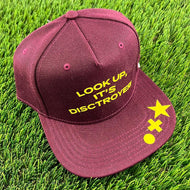 Disctroyer Flat Bill Snap Back - "Look Up, It's Disctroyer!" Cap - Maroon with Yellow Graphics