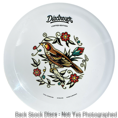 White Disctroyer Starling disc golf disc with a classic tattoo style bird and floral "Kuldnokk" design.