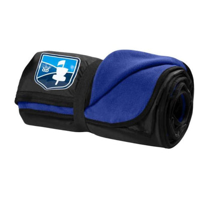 Rolled DDO Picnic Stadium Blanket with blue fleece on the inside and a black waterproof shell featuring the DDOI logo.