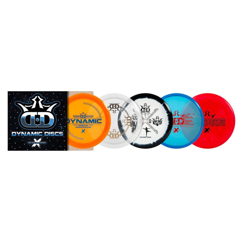 Dynamic Discs 10 Year Anniversary Box with a black box and five colorful discs featuring various stamps.