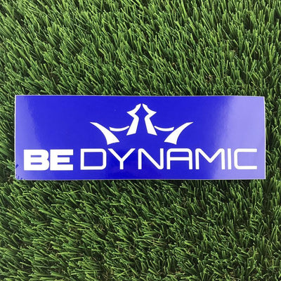 Blue rectangular Dynamic Discs Be Dynamic sticker featuring a white crown logo and bold white text.