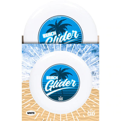 White Dynamic Discs Beach Glider catch frisbee with a blue palm tree and "Beach Glider" graphic.