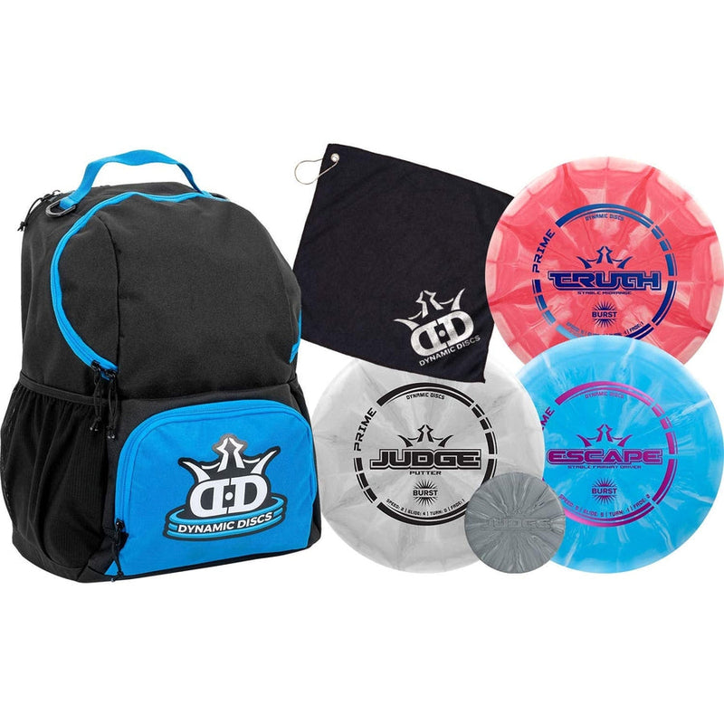 Black and blue Dynamic Discs Cadet backpack with a Dynamic Discs towel, white Judge, red Truth, and blue Escape discs.