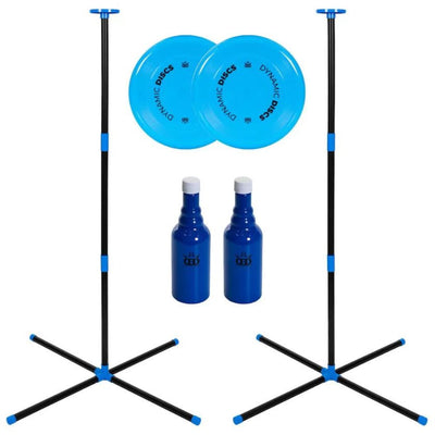 Two black and blue collapsible disc golf targets with bright blue bottles and two Dynamic Discs frisbees.