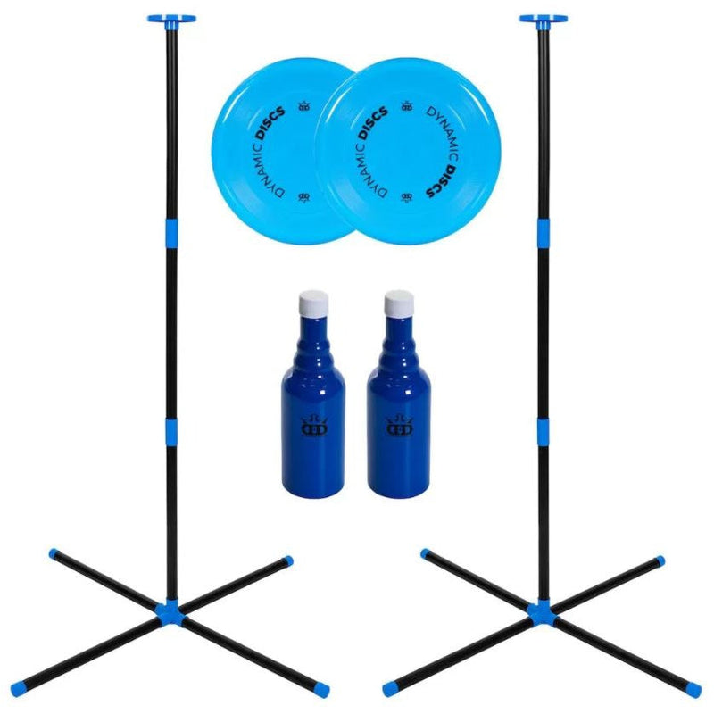 Two black and blue collapsible disc golf targets with bright blue bottles and two Dynamic Discs frisbees.