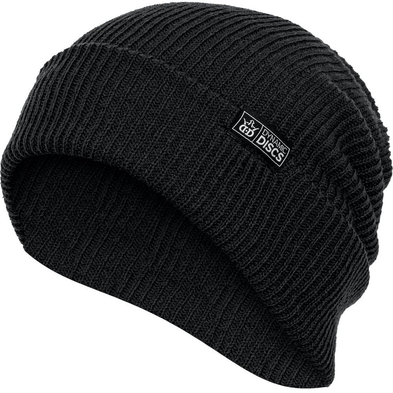 Knitted black slouch beanie with a white woven Dynamic Discs logo label on the front.