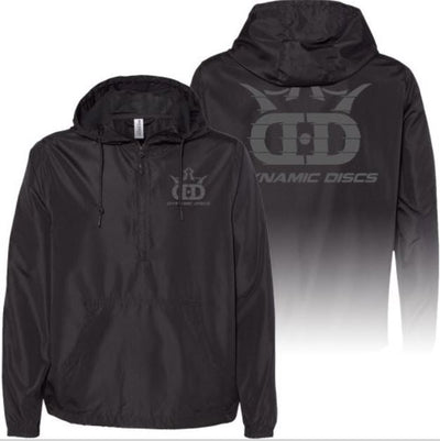 Black Dynamic Discs windbreaker pullover features a half zip, hooded drawstring, and large gray logos on the front and back.