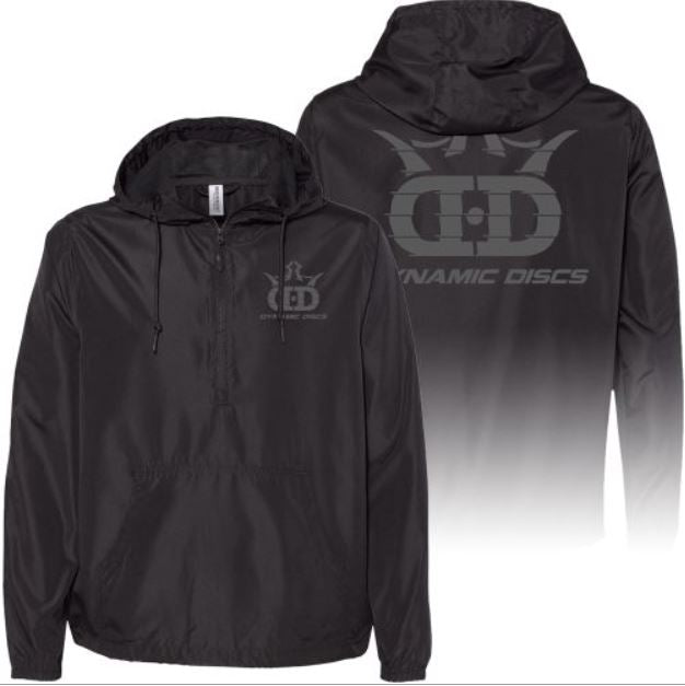 Black Dynamic Discs windbreaker pullover features a half zip, hooded drawstring, and large gray logos on the front and back.