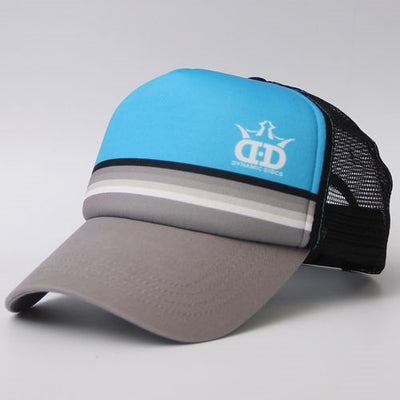 Blue Dynamic Discs sublimated polyfoam trucker mesh snapback hat with a gray brim and a white logo on the front.