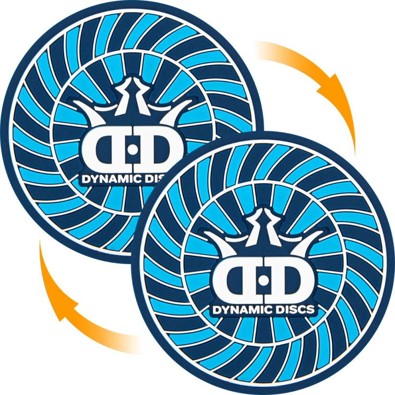 Two blue and white circular Dynamic Discs flexible minis with the brand logo centered on a radial pattern.
