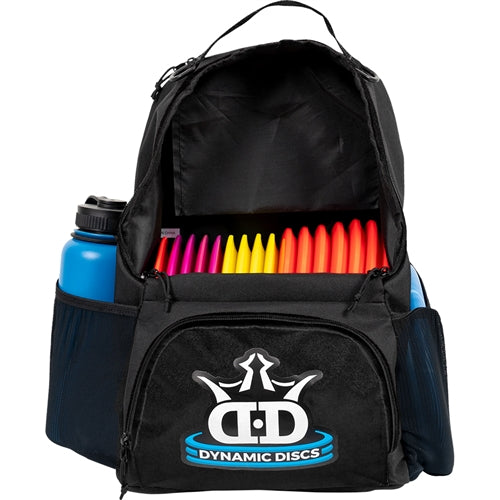 Black Dynamic Discs Cadet Backpack with a white and blue logo, containing colorful discs and a blue water bottle.