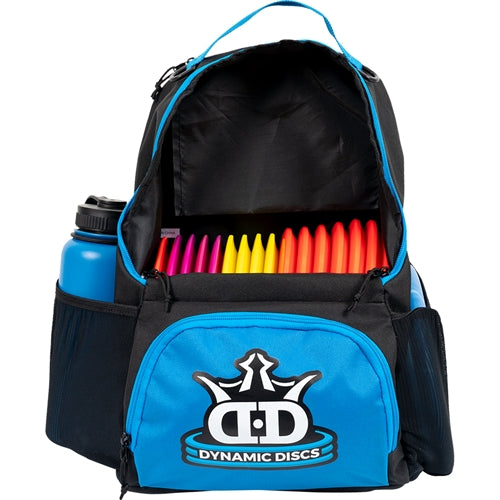 Black Dynamic Discs Cadet Backpack with a large blue logo and several colorful discs inside.