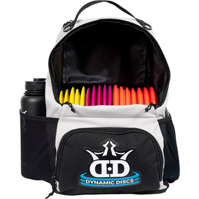 Gray and black Dynamic Discs Cadet backpack with a large logo, front zipper pocket, and side water bottle holder.