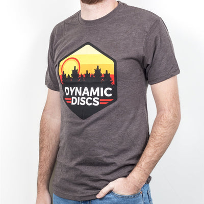 Charcoal gray melange t-shirt featuring a hexagonal Dynamic Discs sunset and trees logo printed on the chest.