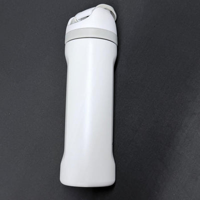 White Dynamic Discs Chug stainless steel water bottle with a gray band and carrying loop on the lid.