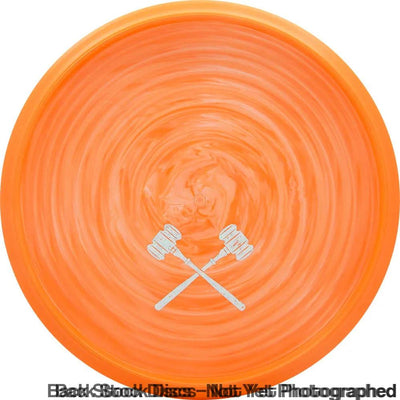 Orange Dynamic Discs Classic Swirl Judge "Judgement Day" disc with a white bottom stamped crossed gavels logo.