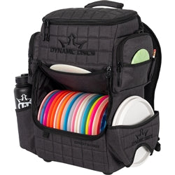 Dark gray Dynamic Discs Combat Ranger disc golf backpack with quilted texture, a water bottle, and colorful discs.