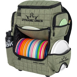 Khaki green Dynamic Discs Combat Ranger backpack with a grid pattern, multiple colorful discs, and a black water bottle.