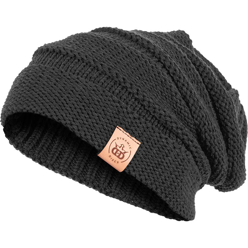 Dark gray Dynamic Discs Deluxe Slouch Scrunch Beanie with a brown leather logo patch.