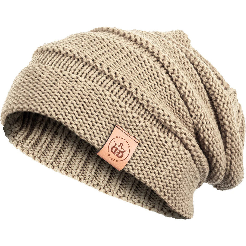 Tan Dynamic Discs Deluxe Slouch Scrunch Beanie in a chunky knit texture with a brown leatherette logo patch.