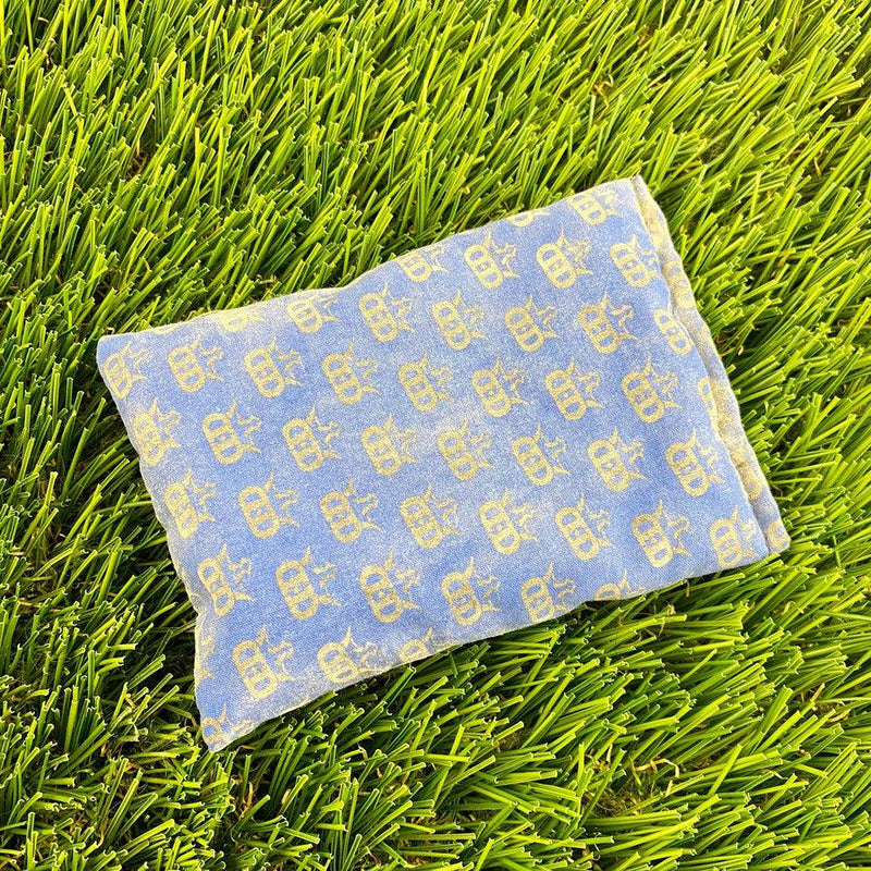 Dynamic Discs Dirtbag Mini King DS blue pouch with a repeated yellow crown motif.