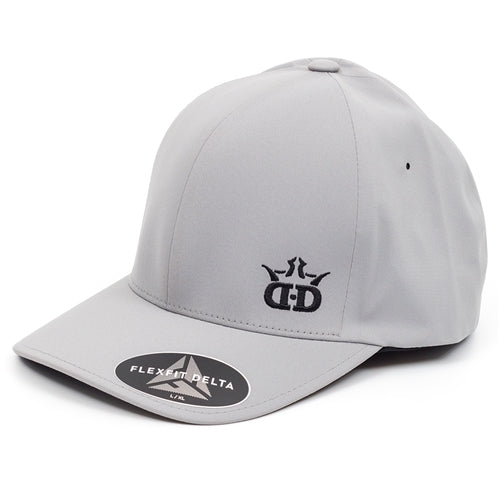 Light gray Dynamic Discs Flexfit Delta hat with a black embroidered logo on the front panel.