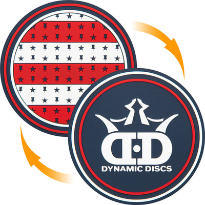 Red, white, and blue Dynamic Discs flexible mini with an American flag star and stripe pattern on one side.
