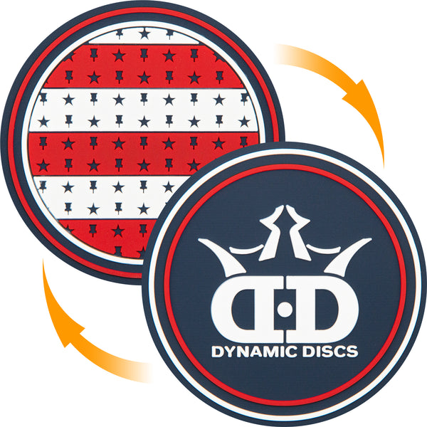 Red, white, and blue Dynamic Discs flexible mini with an American flag star and stripe pattern on one side.