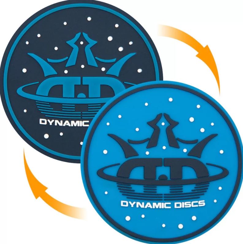 Two round Dynamic Discs flexible mini markers featuring a blue and a dark blue color scheme with a crown and stars logo.