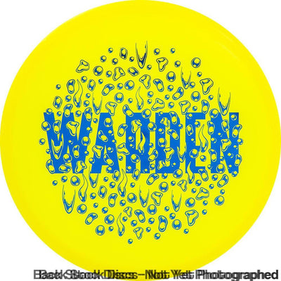 Bright yellow disc golf disc with a blue "Warden" graphic and abstract water droplet designs.